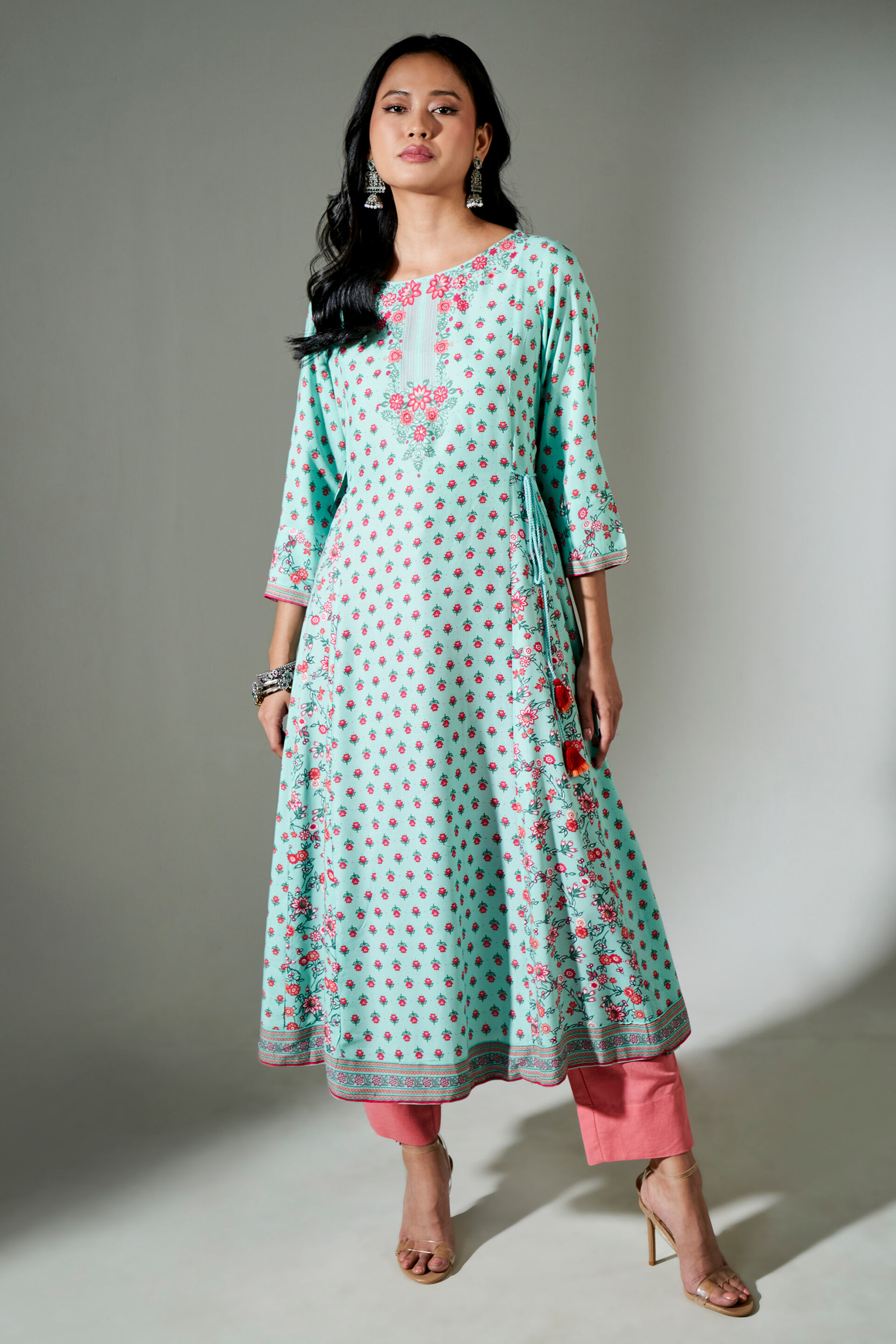Buy Sage Green Embroidered A-Line Kurta Online at Best Price at Global Desi-  FW21GM203KURYS